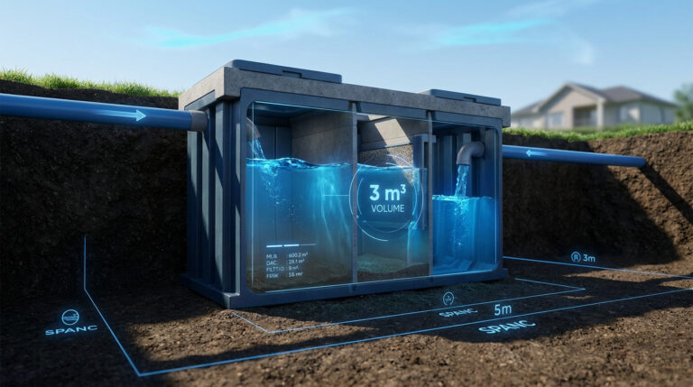 Vue en coupe 3D d'une fosse septique enterrée de 3 m³ montrant les flux d'eau et les distances réglementaires SPANC.