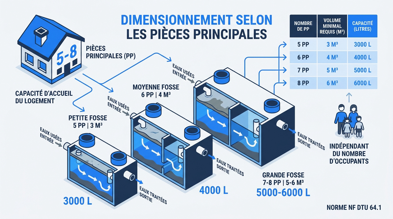 Tableau de dimensionnement réglementaire d'une fosse toutes eaux selon le nombre de pièces principales