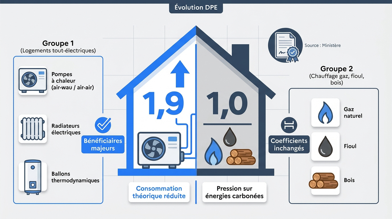Comparaison de l'évolution du DPE 2026 entre chauffage électrique et énergies fossiles