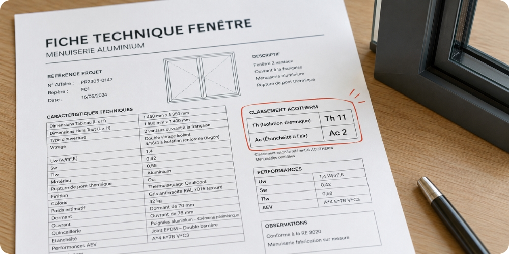 fiche technique fenêtre avec classement Acotherm Th et Ac