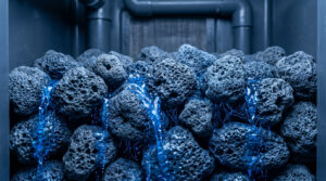 Pierres de pouzzolane poreuses filtrant de l'eau bleue brillante dans une installation de fosse septique.