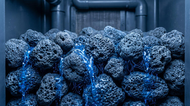 Pierres de pouzzolane poreuses filtrant de l'eau bleue brillante dans une installation de fosse septique.