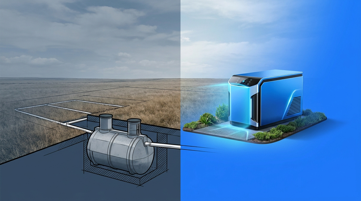 Comparaison visuelle entre une fosse septique enterrée traditionnelle et une micro-station d'épuration moderne.