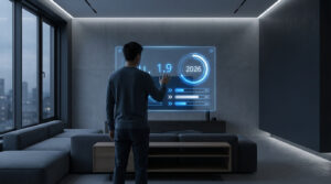 Un homme interagissant avec une interface holographique affichant 1,9 et 2026 dans un salon moderne.