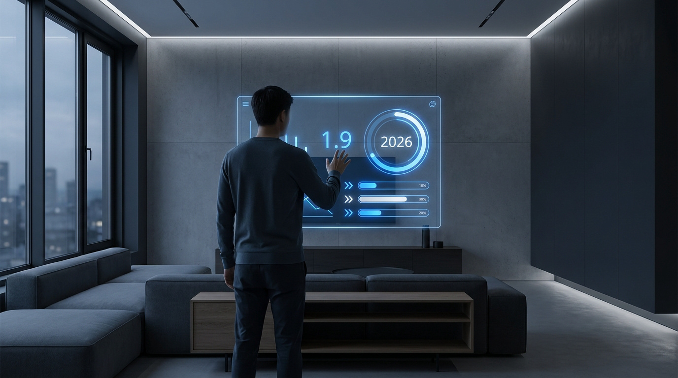 Un homme interagissant avec une interface holographique affichant 1,9 et 2026 dans un salon moderne.