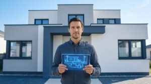 Un homme tenant une tablette affichant un schéma de système d'assainissement devant une maison moderne.
