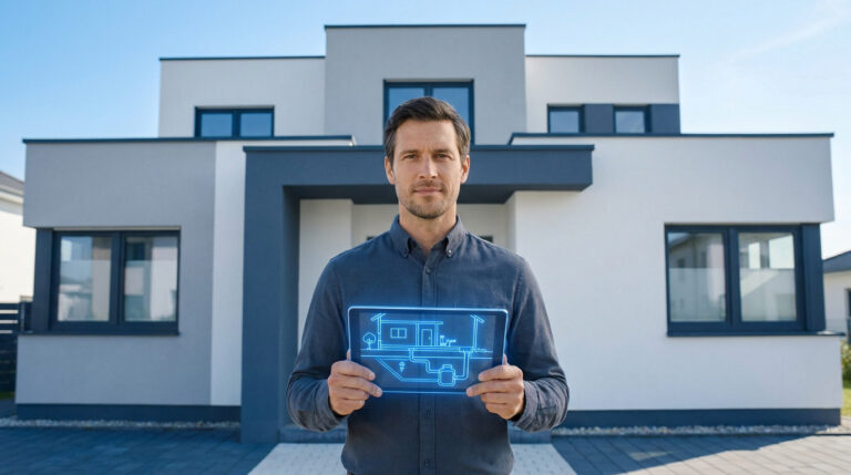 Un homme tenant une tablette affichant un schéma de système d'assainissement devant une maison moderne.
