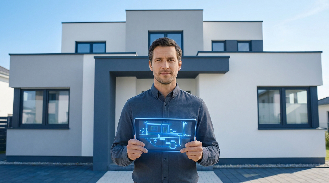 Un homme tenant une tablette affichant un schéma de système d'assainissement devant une maison moderne.
