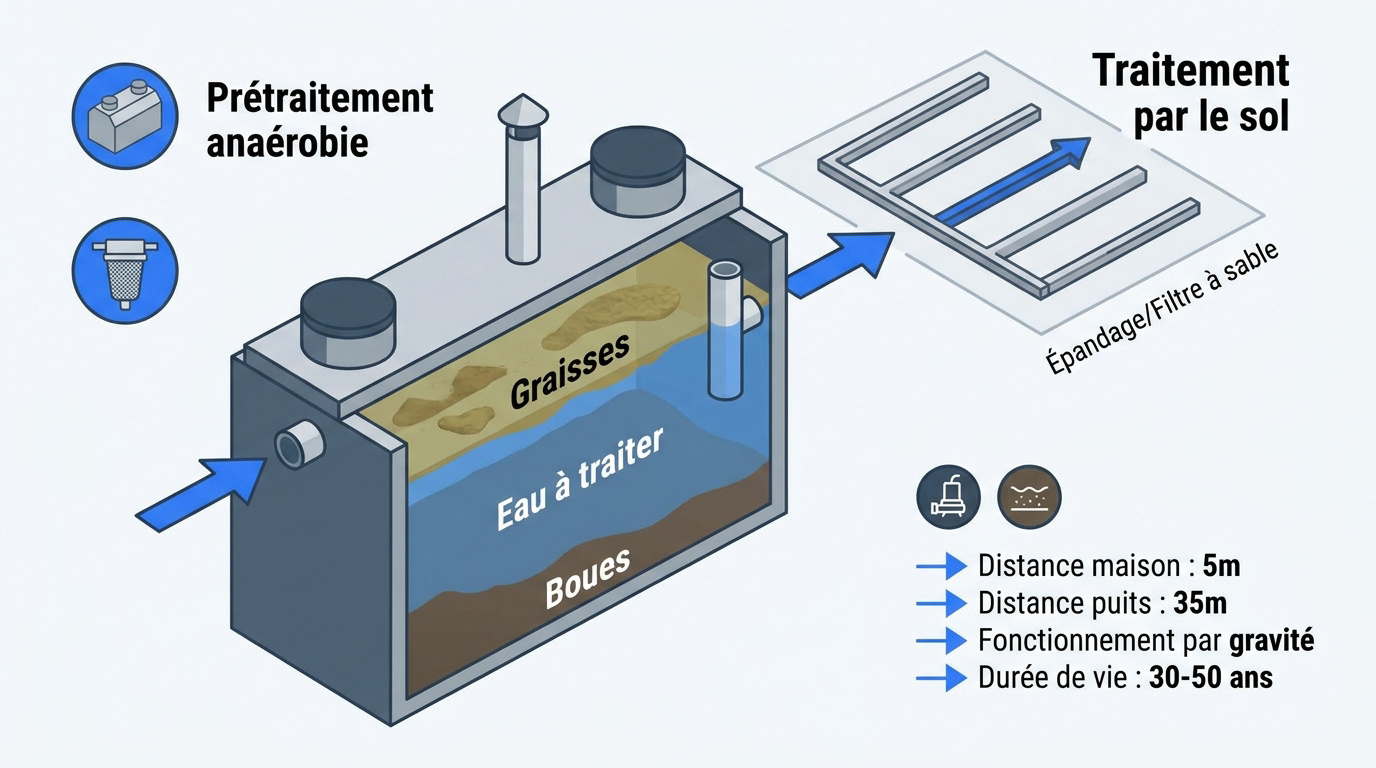 Schéma technique d'une fosse toutes eaux avec son système de traitement par le sol