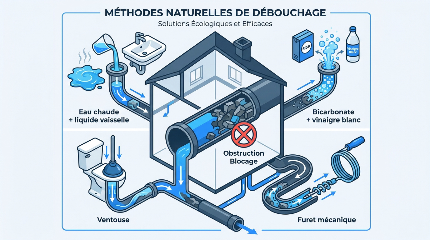 Infographie présentant les méthodes naturelles pour déboucher une canalisation de fosse septique