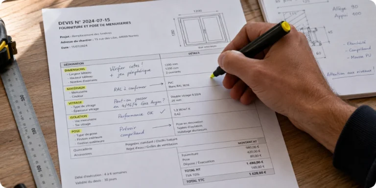 labels menuiserie surlignés sur un devis fenêtre annoté par un artisan