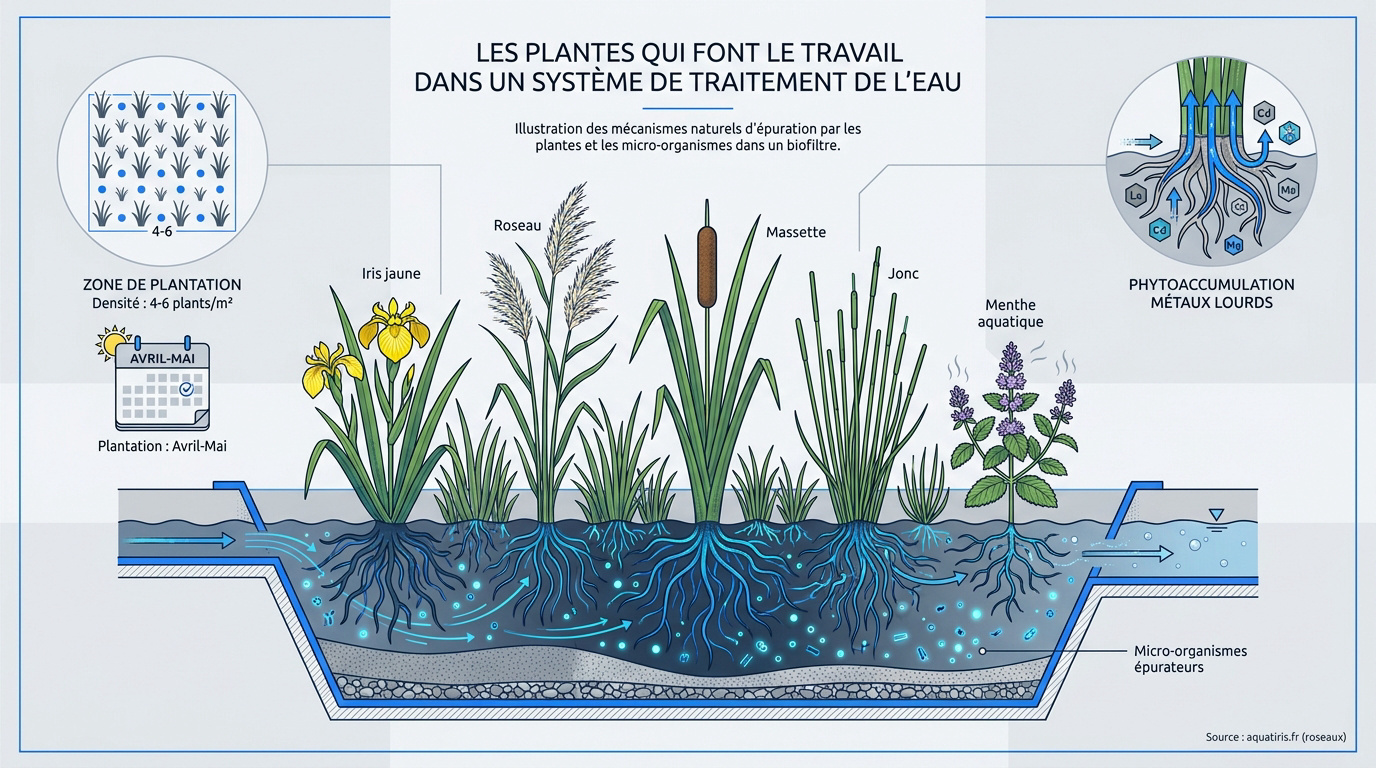 Schéma des plantes macrophytes utilisées pour le traitement des eaux usées en phytoépuration