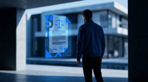 Un homme regarde un document numérique holographique avec une balance de justice devant une maison moderne.