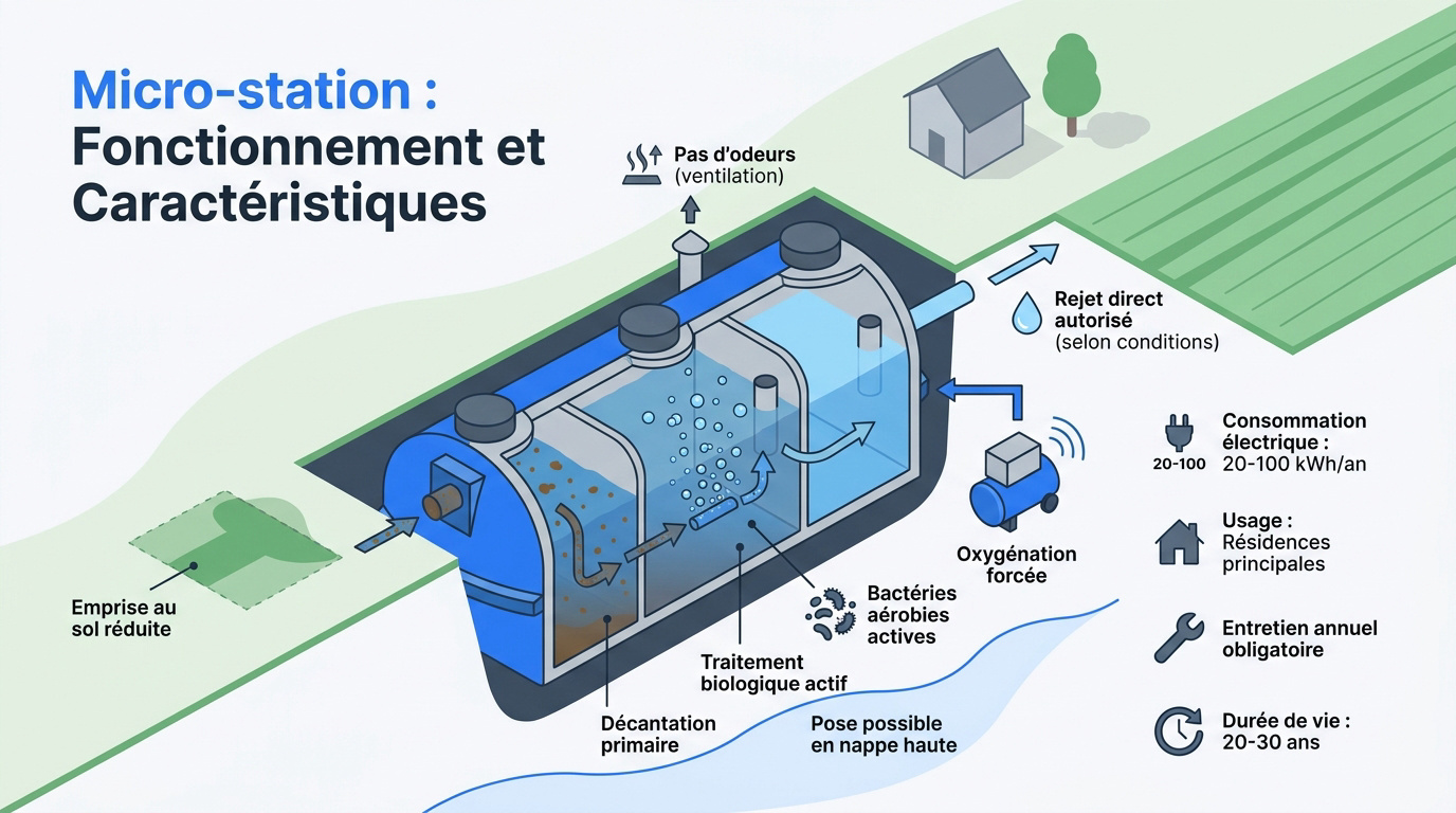 Schéma technique du fonctionnement interne d'une micro-station d'épuration aérobie