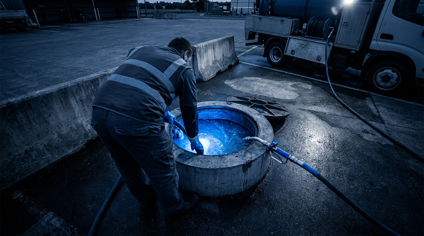 Un technicien utilisant un tuyau pour nettoyer une fosse septique avec de l'eau illuminée en bleu.
