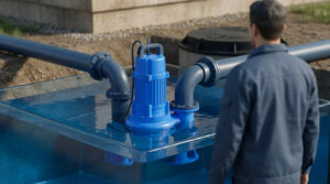 Technicien observant une pompe de relevage bleue installée dans une fosse septique.
