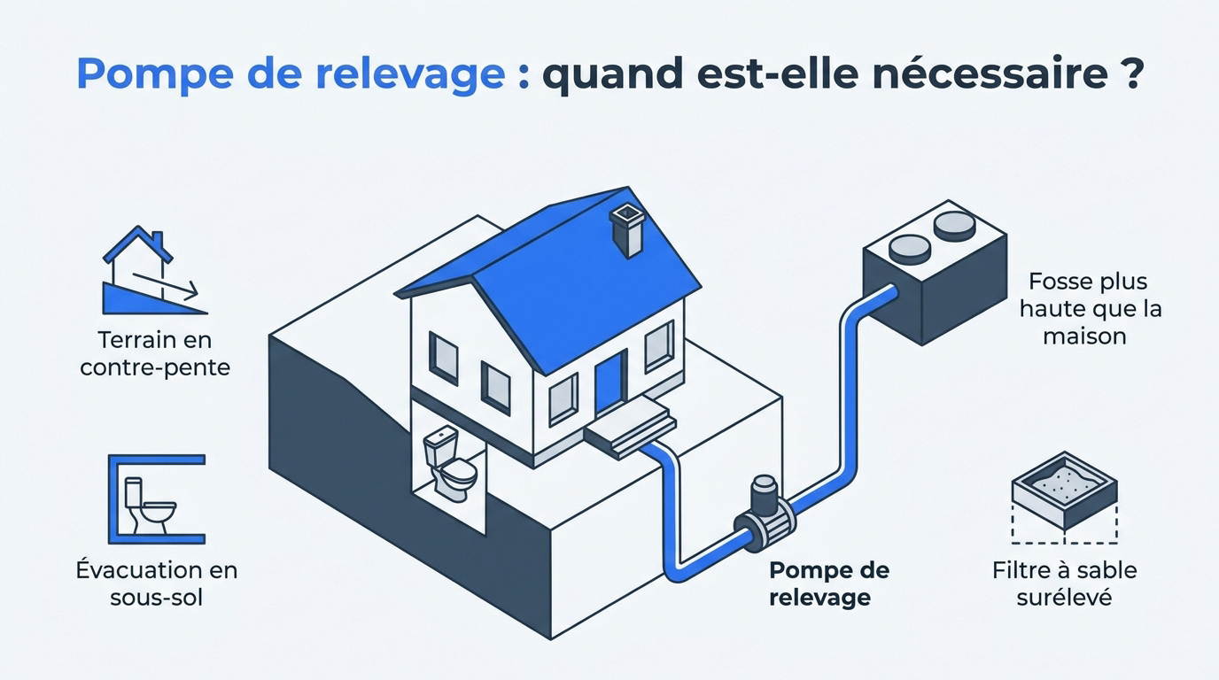 Schéma d'une pompe de relevage installée sur un terrain en pente inverse