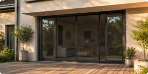 porte coulissante en aluminium et verre sur une baie vitrée d'une maison contemporaine, équipée d'une fine moustiquaire magnétique noire