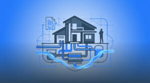 Schéma technique montrant une maison et son système d'assainissement individuel enterré avec un document de conformité.