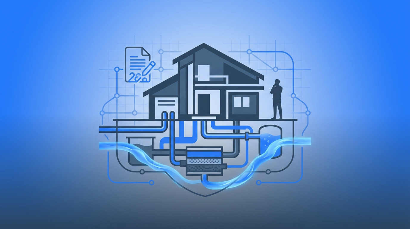 Schéma technique montrant une maison et son système d'assainissement individuel enterré avec un document de conformité.