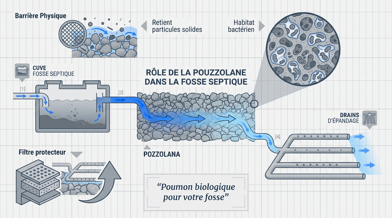 Roche volcanique pouzzolane utilisée pour la filtration biologique en fosse septique