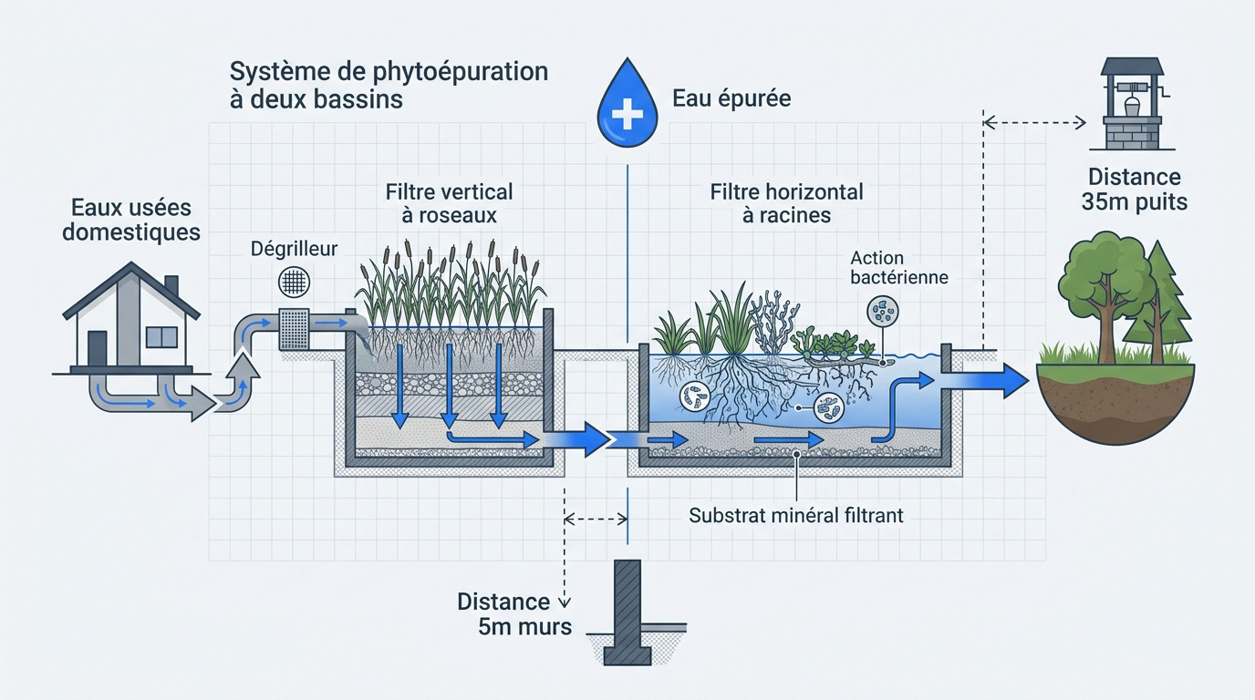 Schéma technique d'un système de phytoépuration à deux bassins filtrants successifs
