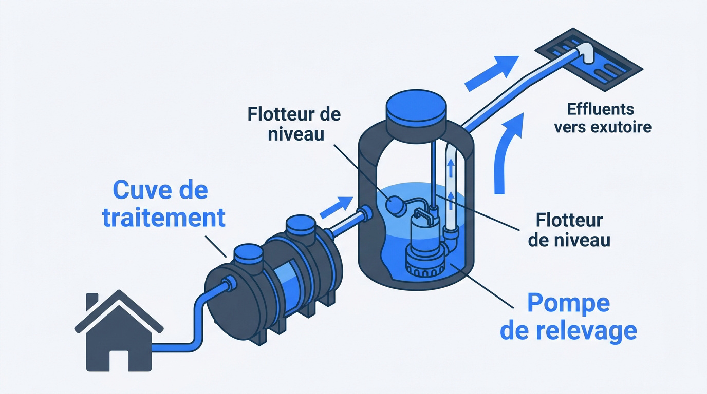 Schéma technique d'une station de relevage pour fosse septique avec cuve et pompe submersible