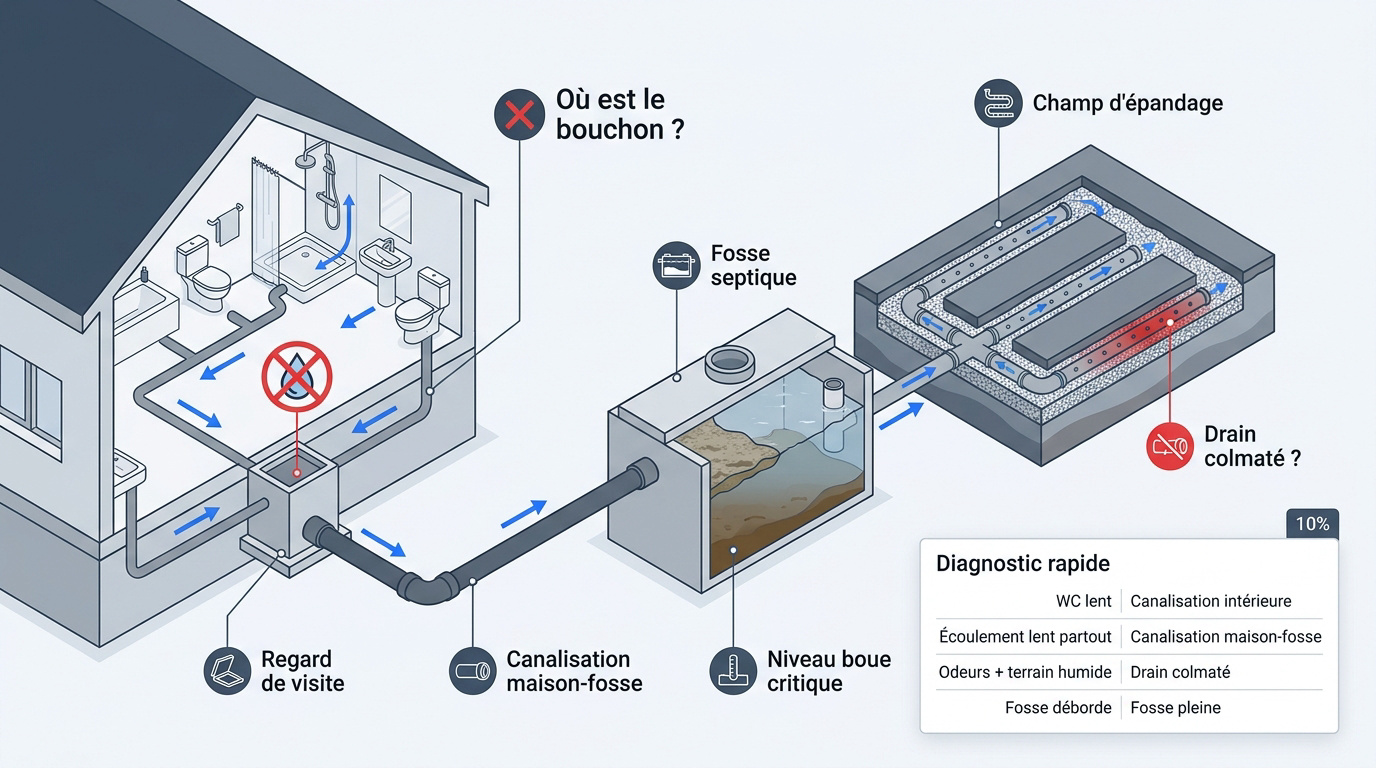 Schéma isométrique pour le diagnostic technique d'une fosse septique bouchée