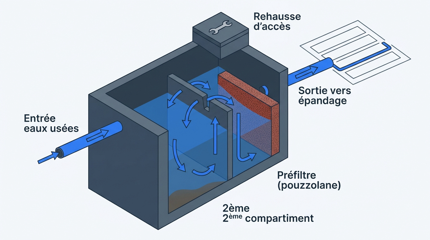 Schéma technique en coupe d'une fosse toutes eaux de 3000 litres avec ses deux compartiments et préfiltre