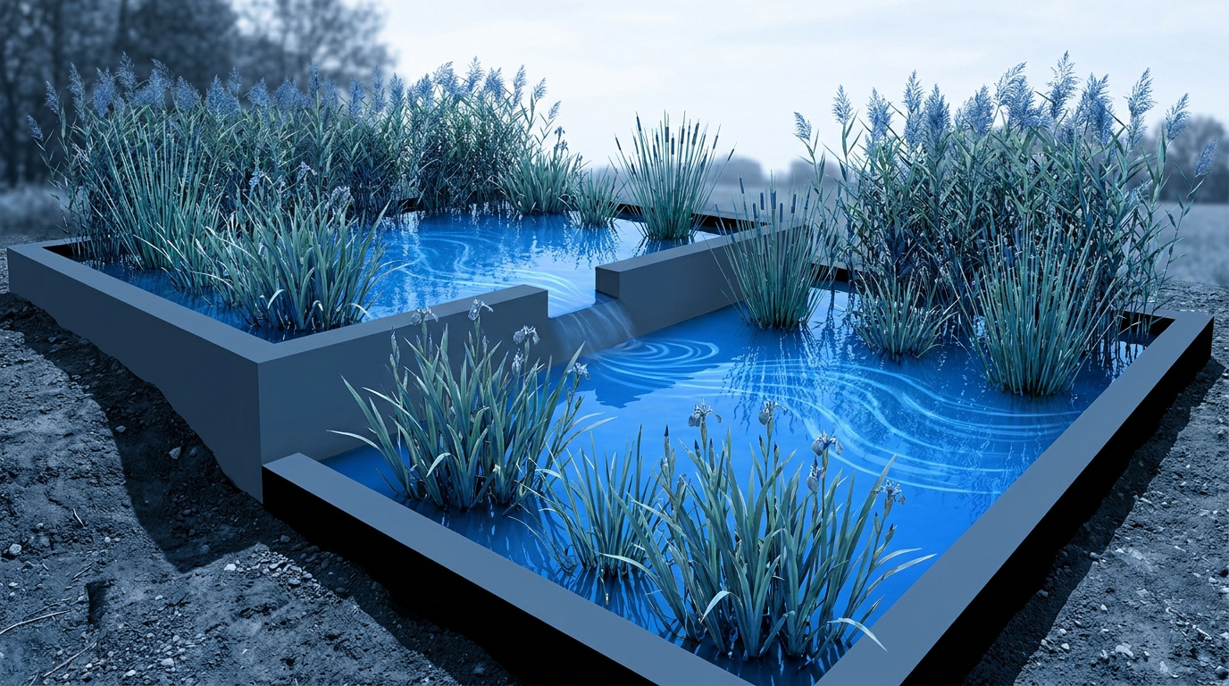Bassins de phytoépuration en cascade avec des plantes aquatiques épuratrices dans un paysage naturel.