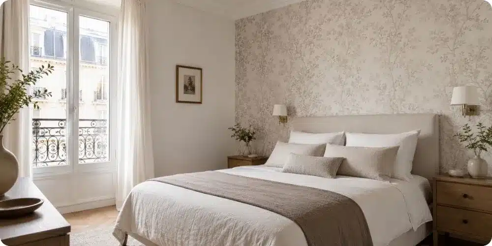 Mur d'accent en papier peint dans une chambre aux murs peints en teinte claire