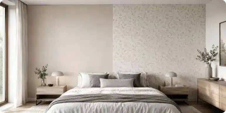 Mur de chambre à moitié peint et à moitié en papier peint intissé, comparatif peinture ou papier peint