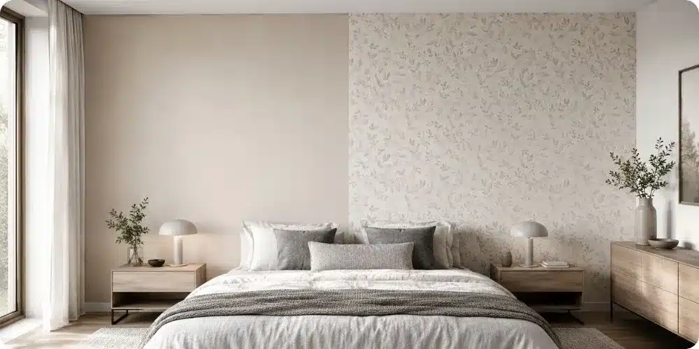 Mur de chambre à moitié peint et à moitié en papier peint intissé, comparatif peinture ou papier peint