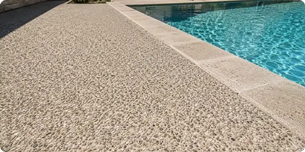Terrasse en béton désactivé au bord d'une piscine
