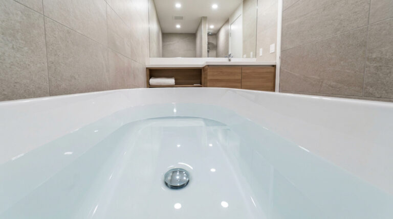 Vue plongeante dans une baignoire blanche remplie d'eau stagnante dans une salle de bain moderne aux tons beige.