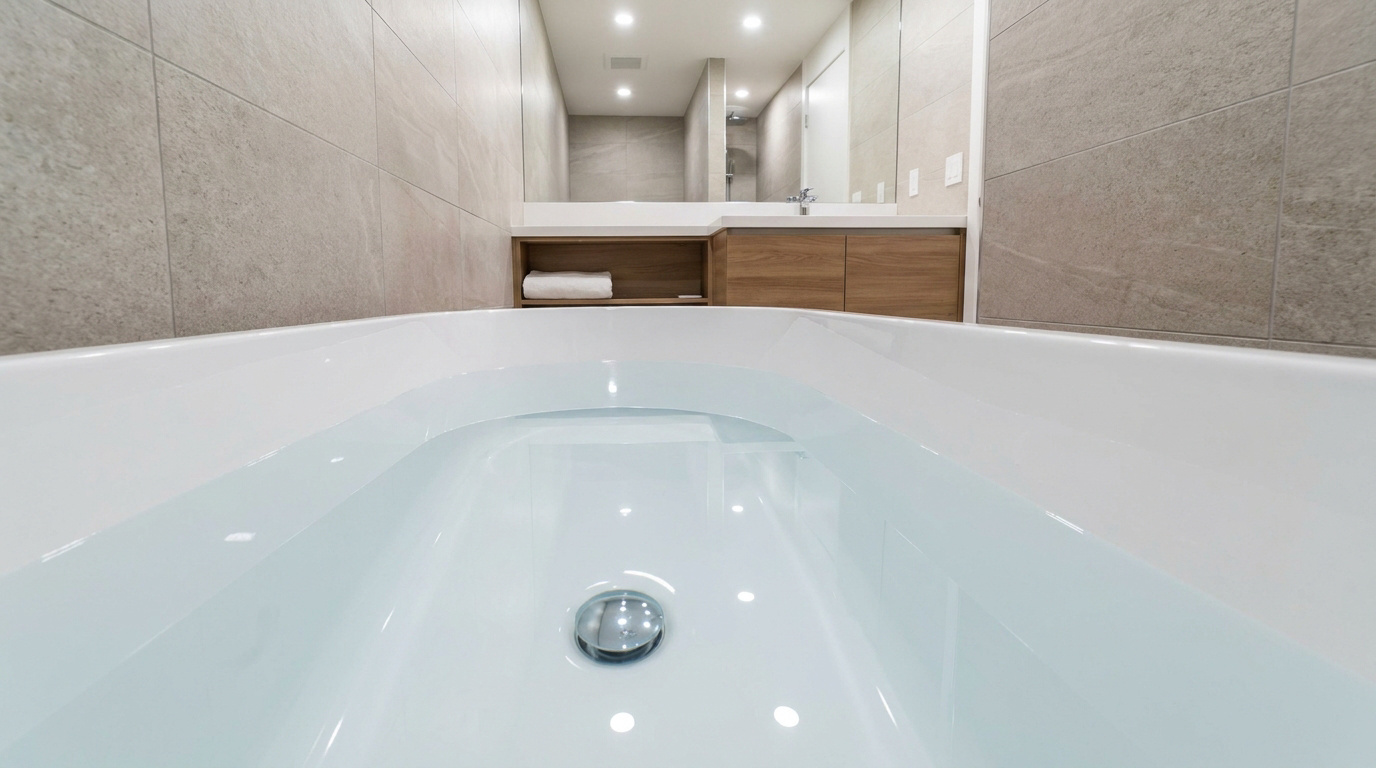 Vue plongeante dans une baignoire blanche remplie d'eau stagnante dans une salle de bain moderne aux tons beige.