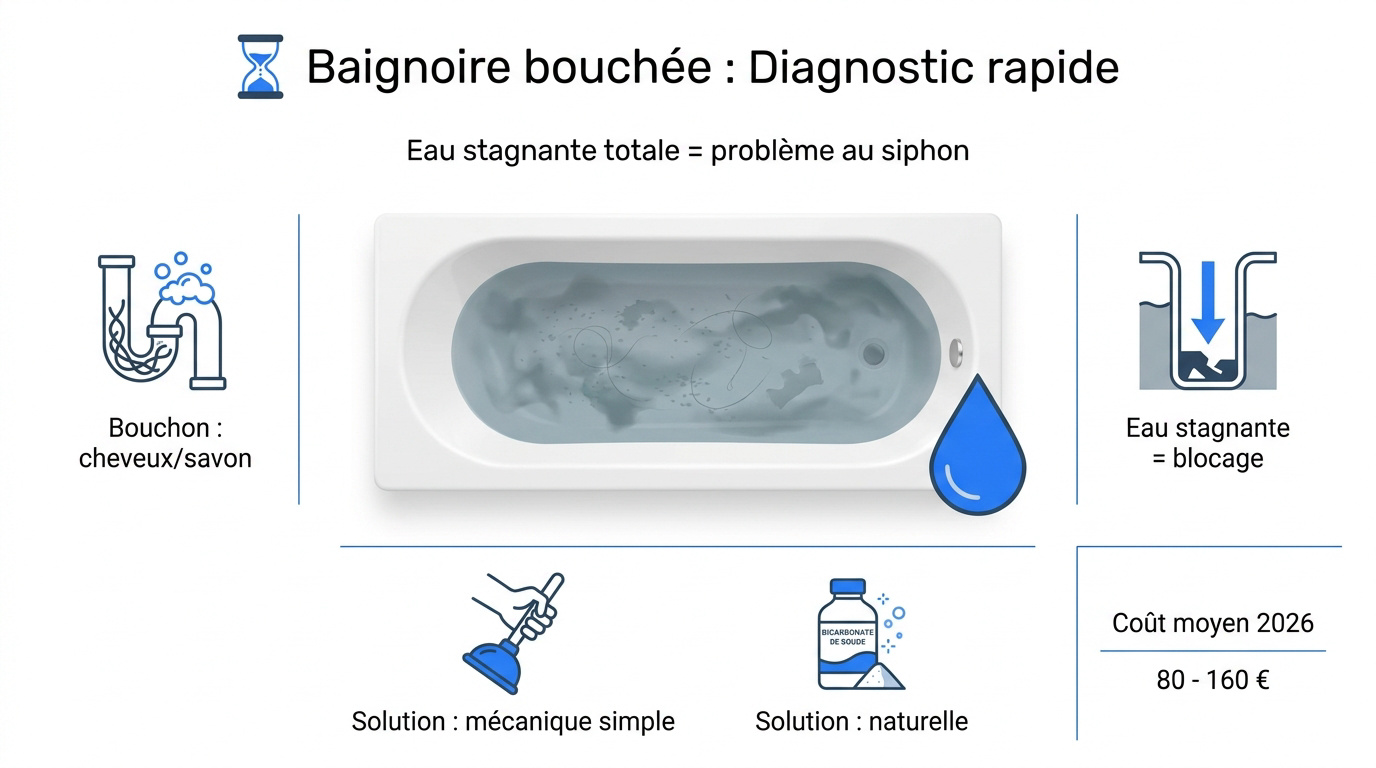 Inspection d'une baignoire avec eau stagnante pour diagnostic du siphon