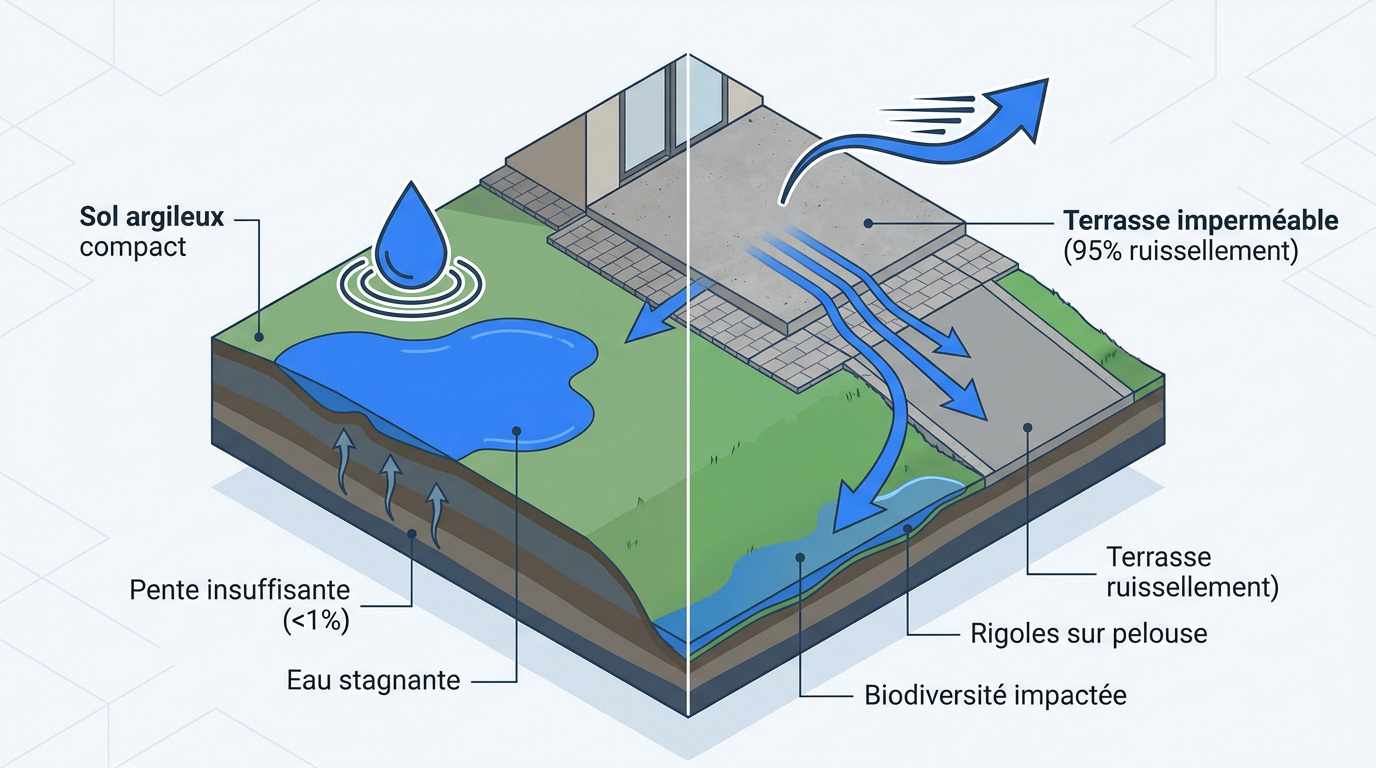Schéma des causes de stagnation de l'eau au jardin