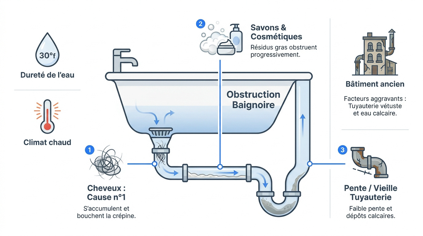 Schéma des causes d'obstruction d'une baignoire