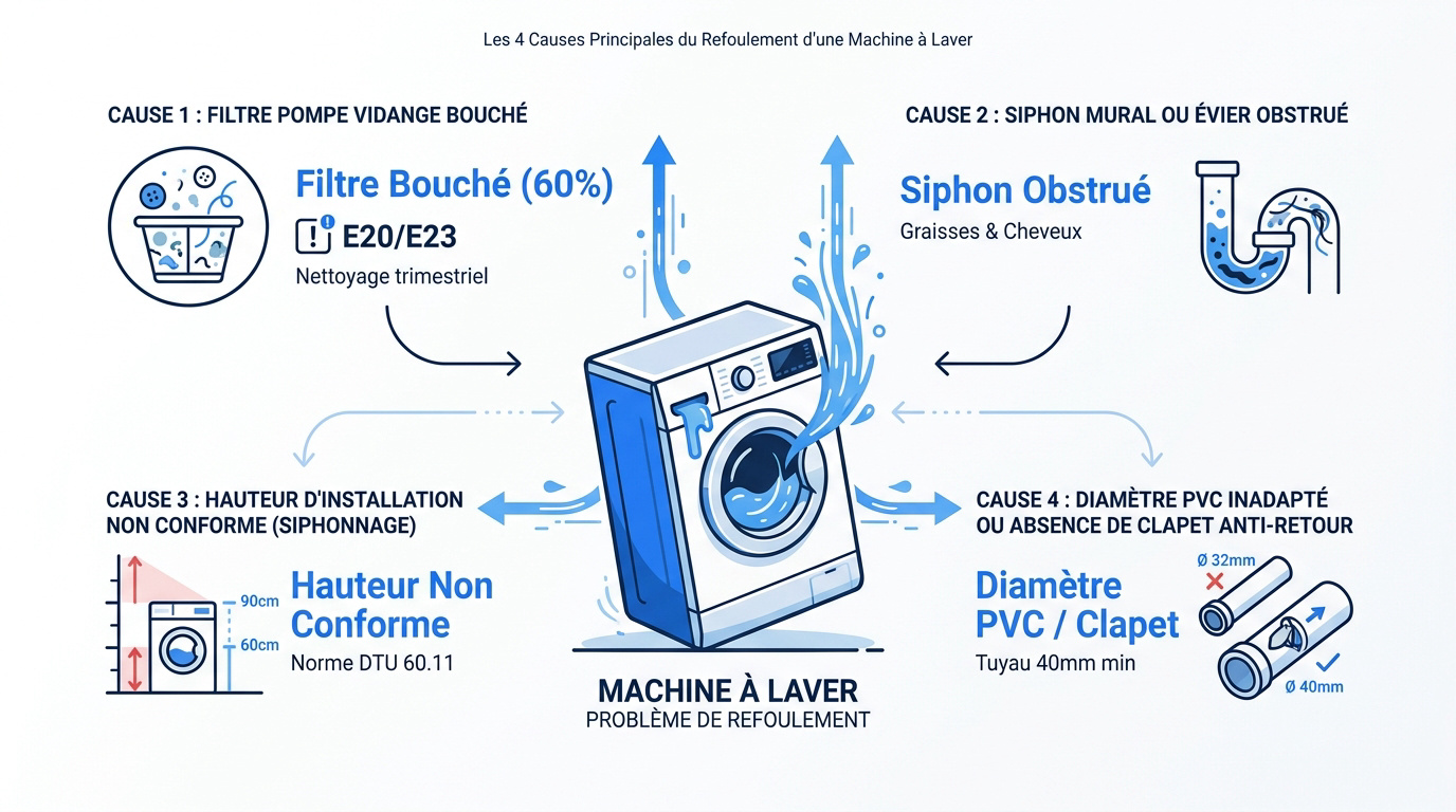 Schéma technique des causes de refoulement d'une évacuation de lave-linge