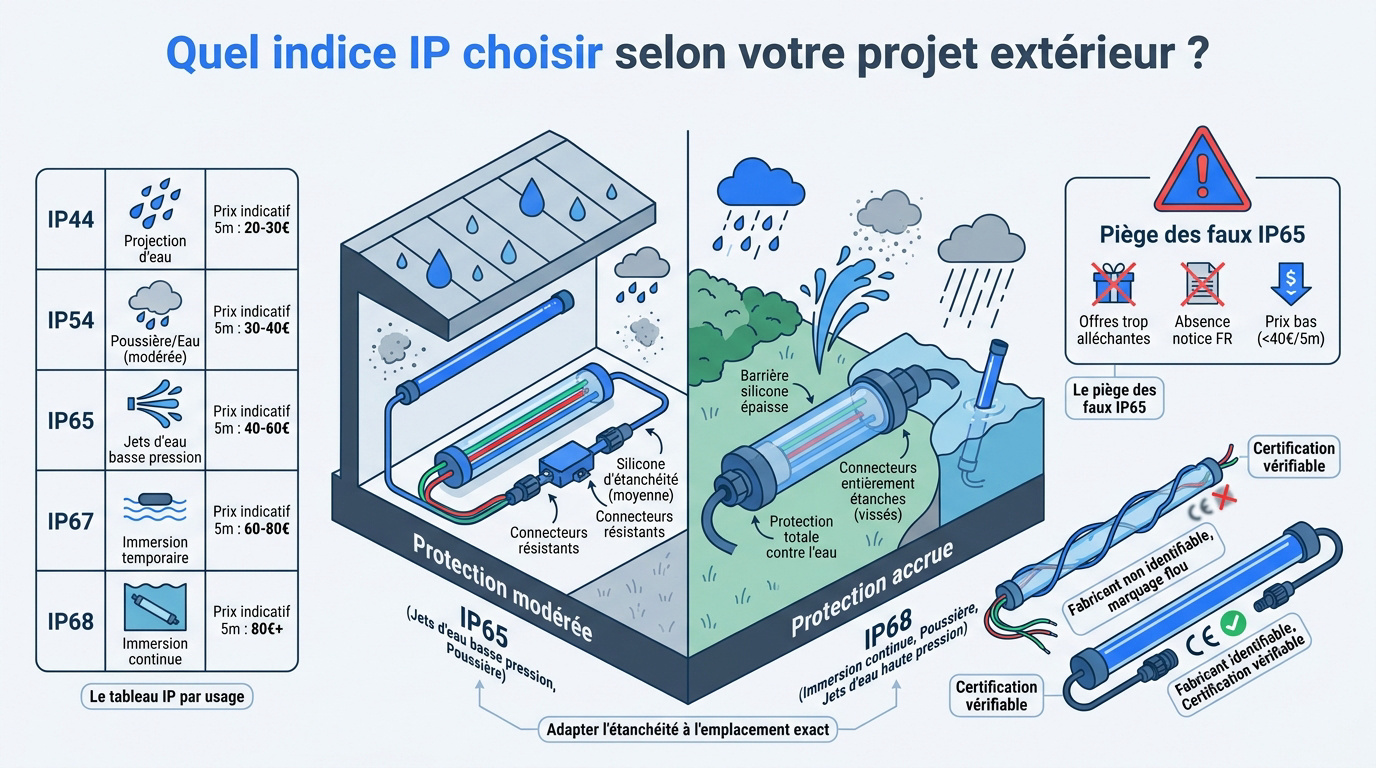 Tableau comparatif des indices IP pour installation de néon LED extérieur