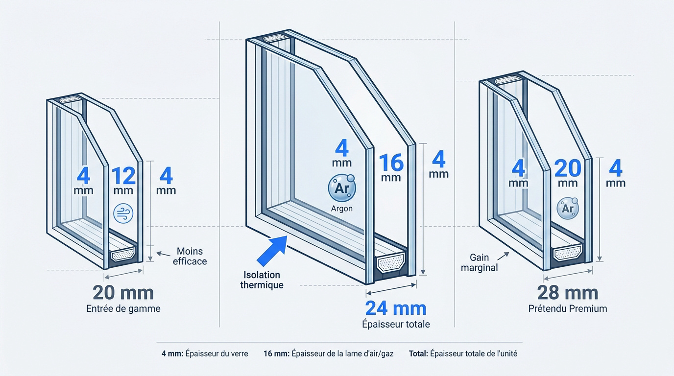 Comparaison de l'isolation thermique entre les vitrages 4/12/4, 4/16/4 et 4/20/4 montrant les coefficients Ug