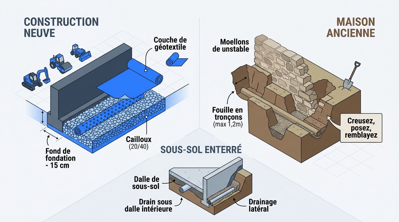 Comparaison technique du drainage entre une construction neuve et une rénovation de maison ancienne