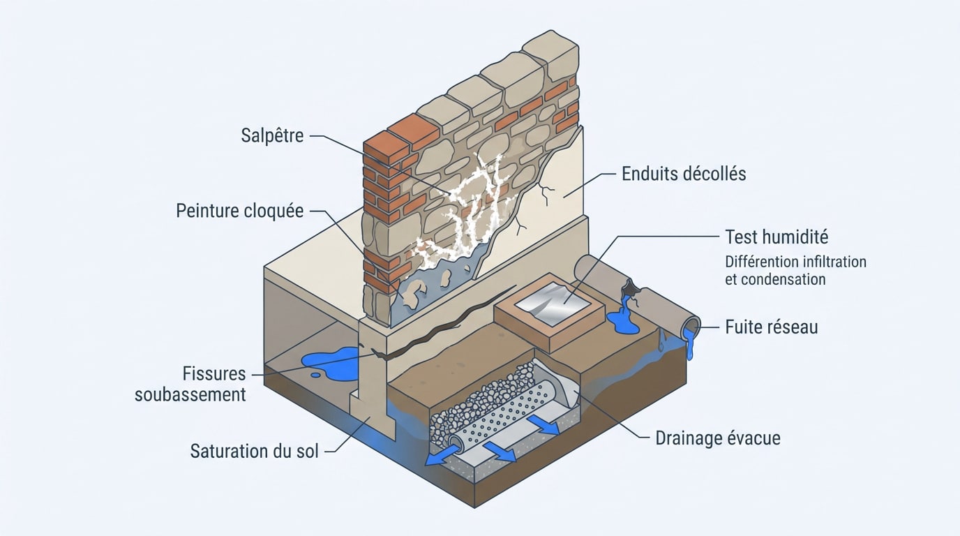 Diagnostic des signes d'humidité et de salpêtre sur un mur en pierre ancienne