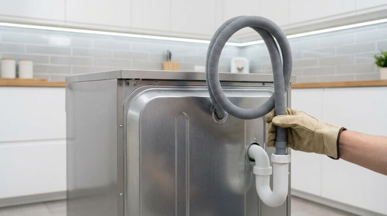 Une main gantée manipule le tuyau d'évacuation gris d'un lave-vaisselle pour régler sa hauteur d'installation.