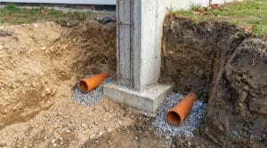 Tubes de drainage perforés installés dans une tranchée au pied d'une fondation en béton avec gravier.