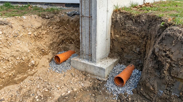 Tubes de drainage perforés installés dans une tranchée au pied d'une fondation en béton avec gravier.