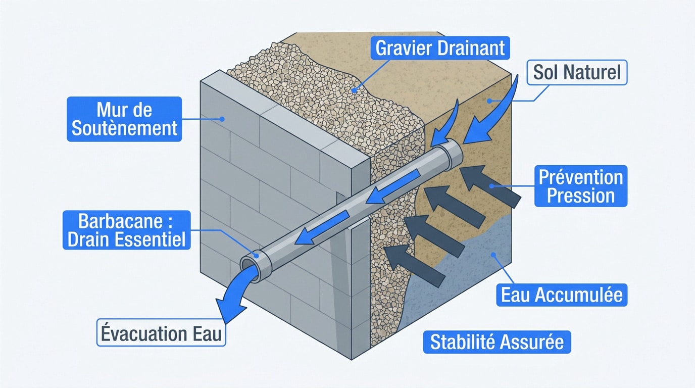 Schéma technique d'un mur de soutènement avec système de drainage par barbacane