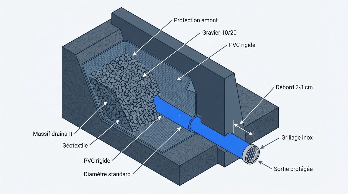 Coupe technique d'un mur de soutènement montrant le dispositif de drainage et la barbacane