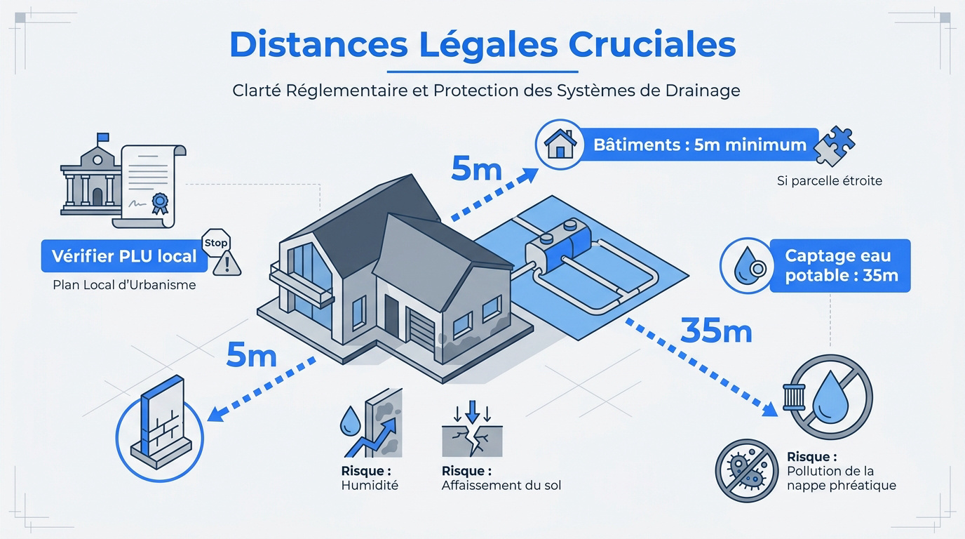 Schéma des distances de sécurité pour l'implantation d'un puits perdu sur un terrain